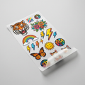 DTF gang sheet product mockup with colorful sample designs