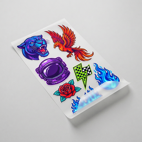 Rush-order DTF gang sheet mockup with different sample artwork